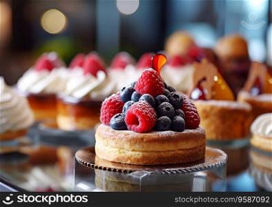 Various pastries with berries in cafe showcase.AI≥≠rative