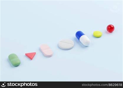 Various pills and medicine on a blue background. Close up 3D render illustration.