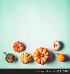 Various pumpkin border background , top view. Retro style. Creative autumn layout background