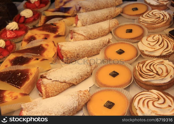 Various sorts of pastry in a shop in the Provence, France