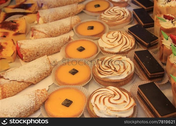 Various sorts of pastry in a shop in the Provence, France