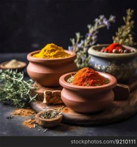 Various Spices and Herbs in Rustic Bowls on Dark Moody Background. Generative ai. High quality illustration. Various Spices and Herbs in Rustic Bowls on Dark Moody Background. Generative ai