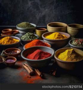 Various Spices and Herbs in Rustic Bowls on Dark Moody Background. Generative ai. High quality illustration. Various Spices and Herbs in Rustic Bowls on Dark Moody Background. Generative ai