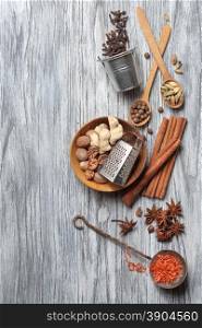 Various spices on wooden background . Various spices on wood