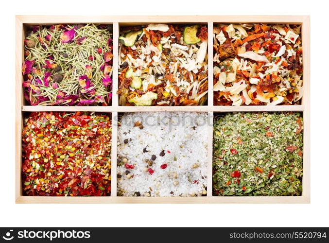 various spices on wooden box isolated on white background
