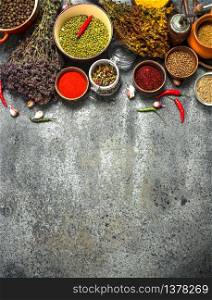 Various spicy spices and herbs. On a rustic background.. Various spicy spices and herbs.