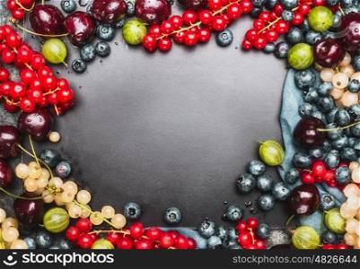 Various summer berries food background for recipes and cooking, top view frame, horizontal. Heating and detox or cooking concept