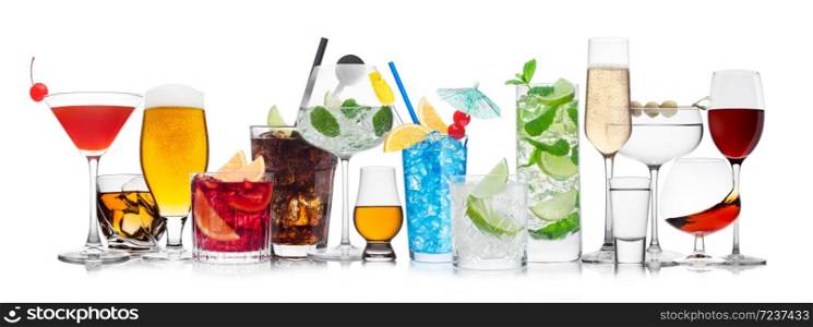 Various summer cocktails and strong alcohol drinks on white bacground.Blue lagoon, martini, negroni, mojito, spritz, gimlet, cuba libre, cosmopolitan, margarita.