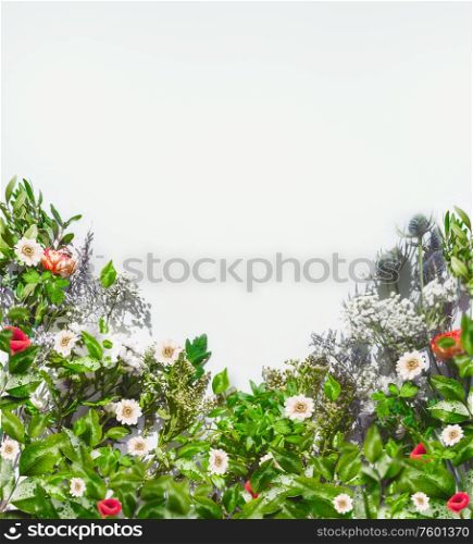 Various summer flowers in sunlight on white background, top view. Frame. Floral border. Copy space. Flat lay