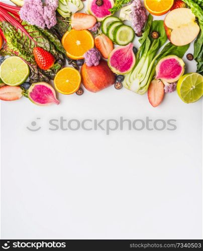 Various summer fruits and vegetables on white background , top view. Food border. Healthy lifestyle