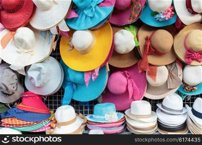 Various sun hats at a street shop