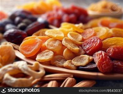 Various sweet dried fruit close up in street market.AI Generative