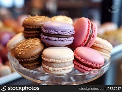 Various taste and color macarons pastry dessert in cafe.AI Generative