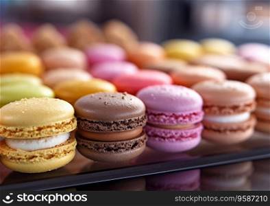 Various taste and color macarons pastry dessert on cafe showcase.AI Generative