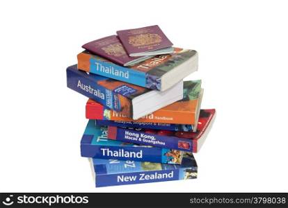 Various travel books and passports