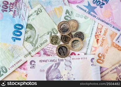 Various Turkish Lira Banknotes And Coins. Turkish Money