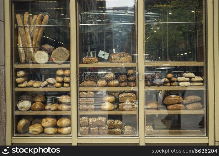 Various type of breads on display at a bakery, New York City, New York State, USA