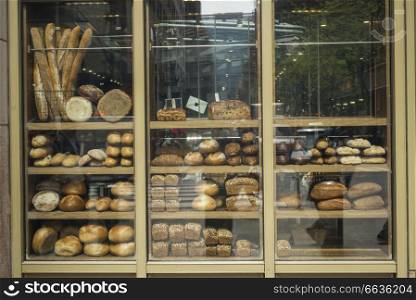 Various type of breads on display at a bakery, New York City, New York State, USA