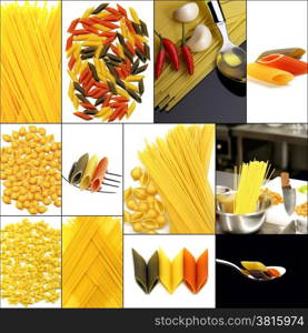 various type of Italian pasta collage on a square frame