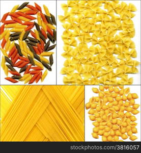 various type of Italian pasta collage on a square frame