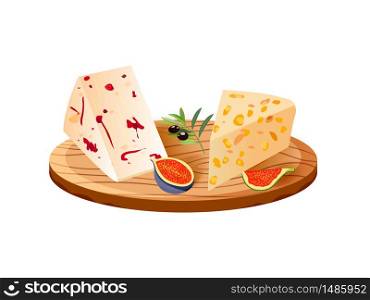 Various types of cheese with figs,wine and olives on rustic wooden board. Vector set of realistic dairy products.Isolated collection cheese pieces used for logo design, recipe book, advertising.