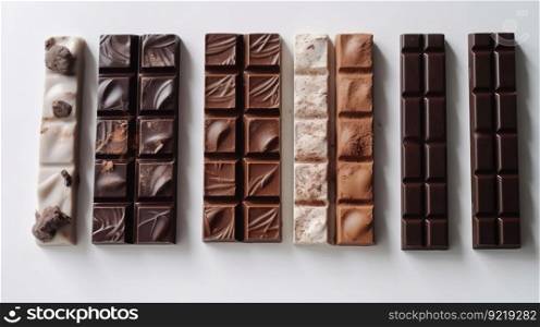 Various types of dark, milk chocolate with nuts, raisins in a row, white background. Header banner mockup with copy space. AI generated.. Various types of dark, milk chocolate with nuts, raisins in a row, white background. AI generated.