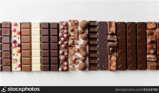 Various types of dark, milk chocolate with nuts, raisins in a row, white background. Header banner mockup with copy space. AI generated.. Various types of dark, milk chocolate with nuts, raisins in a row, white background. AI generated.