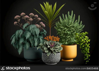 Various types of house plants clay pots on a color background. Generative AI