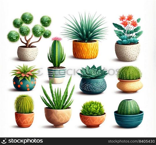 Various types of house plants clay pots on a white background. Generative AI
