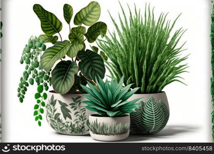 Various types of house plants clay pots on a white background. Generative AI