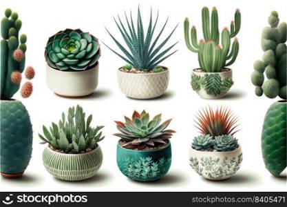 Various types of house plants clay pots on a white background. Generative AI