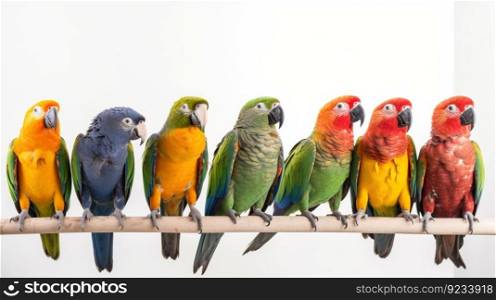 Various types of parrots are sitting in a row on a branch, white background, isolate. Header banner mockup with copy space. AI generated.. Various types of parrots are sitting in a row on a branch, white background, isolate. AI generated.