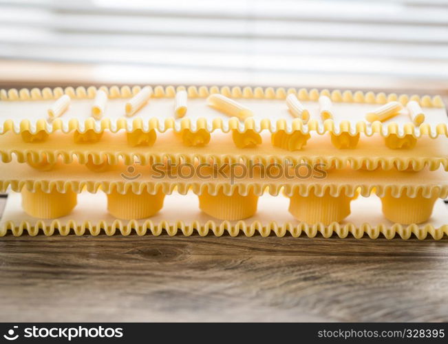 Various types of pasta on lasagne sheets