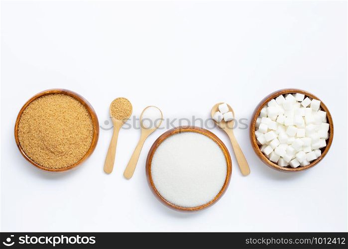 Various types of sugar on white background. Copy space
