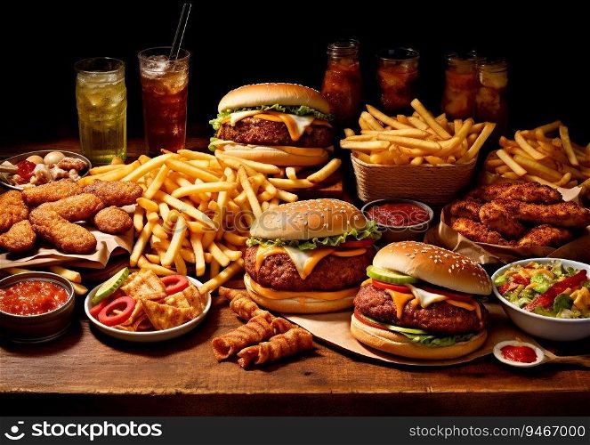 Various unhealthy fast food with soda drinks on wooden table.AI Generative.