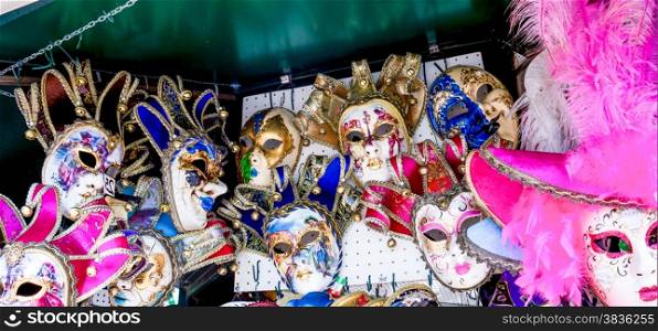 Various venetian masks on sale . colorful artistic masks on the Carnival of Venice