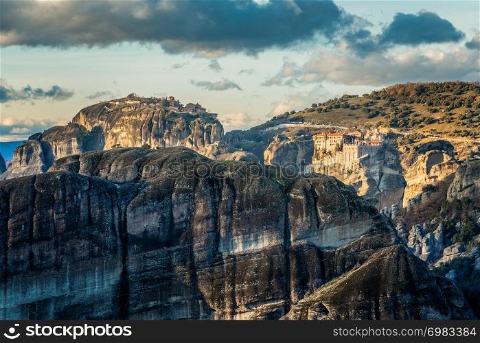 Varlaam and Grand Meteora monasteries, built on the rocks, mountain landscape, Meteors, Trikala, Thessaly, Greece