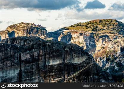 Varlaam and Grand Meteora monasteries, built on the rocks, mountain landscape, Meteors, Trikala, Thessaly, Greece