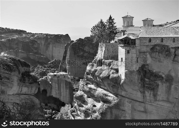 Varlaam and Roussanou monasteries in Meteora, Greece - Black and white landscape