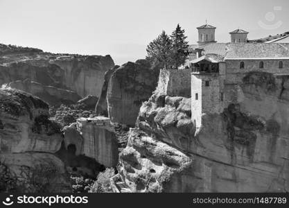 Varlaam and Roussanou monasteries in Meteora, Greece - Black and white landscape