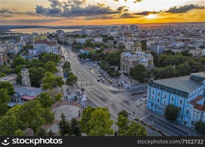 Varna, Bulgaria - July 12, 2019: Aerial view of the city center and The Cathedral of the Assumption in Varna, Bulgaria. Summer sunset.