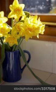 Vase Of Daffodils In Blue Jug On Window Sill