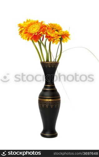 vase of orange flowers on a white background
