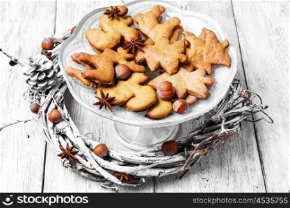 Vase with Christmas cookies. Home baking Christmas cookies in bright white vase