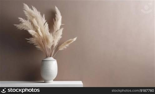 Vase with decorative dry plant branch against beige wall background. Minimalist interior mockup. Generative AI.. Vase with decorative dry plant branch against beige wall background. Minimalist interior mockup. Generative AI