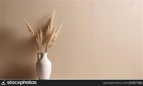 Vase with decorative dry plant branch against beige wall background. Minimalist interior mockup. Generative AI.. Vase with decorative dry plant branch against beige wall background. Minimalist interior mockup. Generative AI