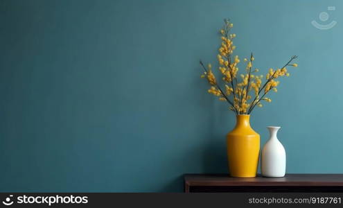 Vase with decorative plant branch against blue wall background. Minimalist interior mockup. Generative AI.. Vase with decorative plant branch against blue wall background. Minimalist interior mockup. Generative AI