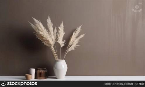 Vase with decorative plant branch against gray wall background. Minimalist interior mockup. Generative AI.. Vase with decorative plant branch against gray wall background. Minimalist interior mockup. Generative AI