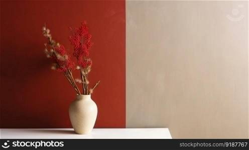 Vase with decorative plant branch against red and beige wall background. Minimalist interior mockup. Generative AI.. Vase with decorative plant branch against red and beige wall background. Minimalist interior mockup. Generative AI