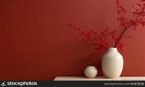 Vase with decorative plant branch against red wall background. Minimalist interior mockup. Generative AI.. Vase with decorative plant branch against red wall background. Minimalist interior mockup. Generative AI